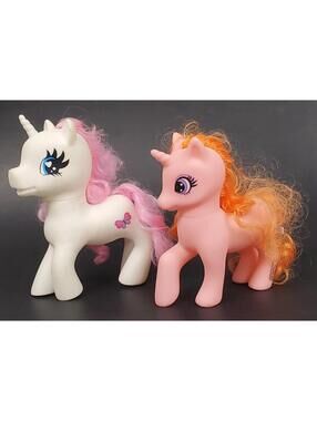 Vintage 2x My Little Pony Unicorns White Pink Hair + Pink Orange Hair Lot